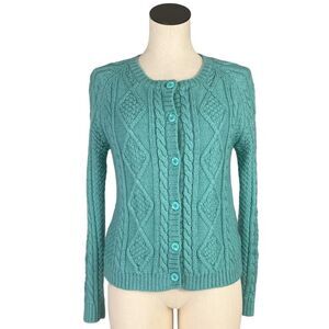 Woolovers Cardigan Sweater Women M Green Cable Knit Button Through Long Sleeve